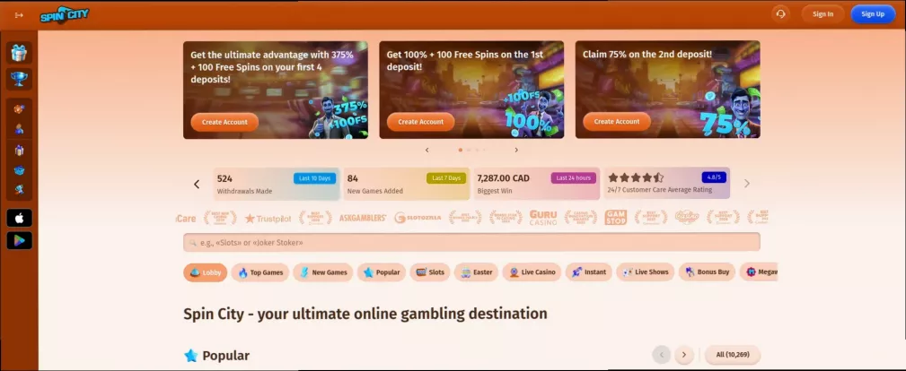 Spin city casino 375% + 100 Free Spins up to 1,200 CAD